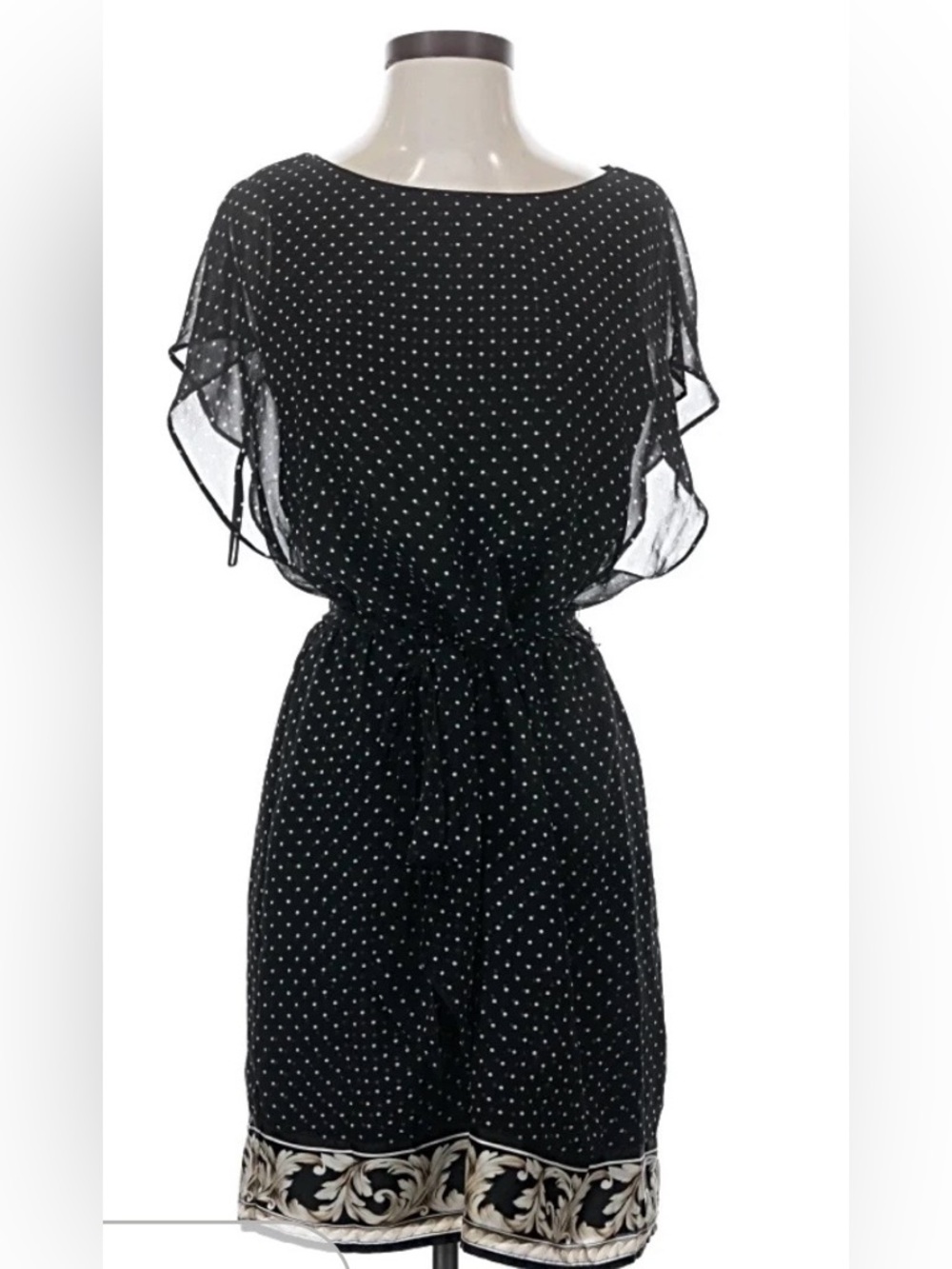 White House Black Market Dress-black & white polka dot pattern & ruffled sleeves